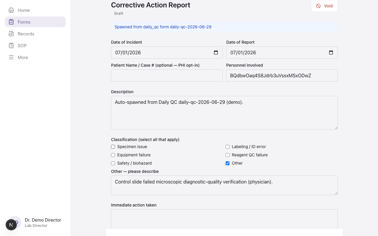 Corrective Action Report showing the Spawned from Daily QC banner and pre-filled description