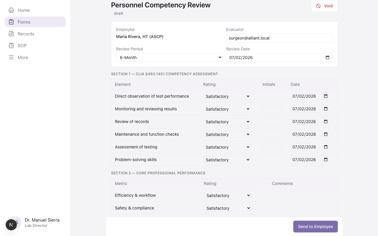 Competency review table with the six CLIA elements, ratings, and dates