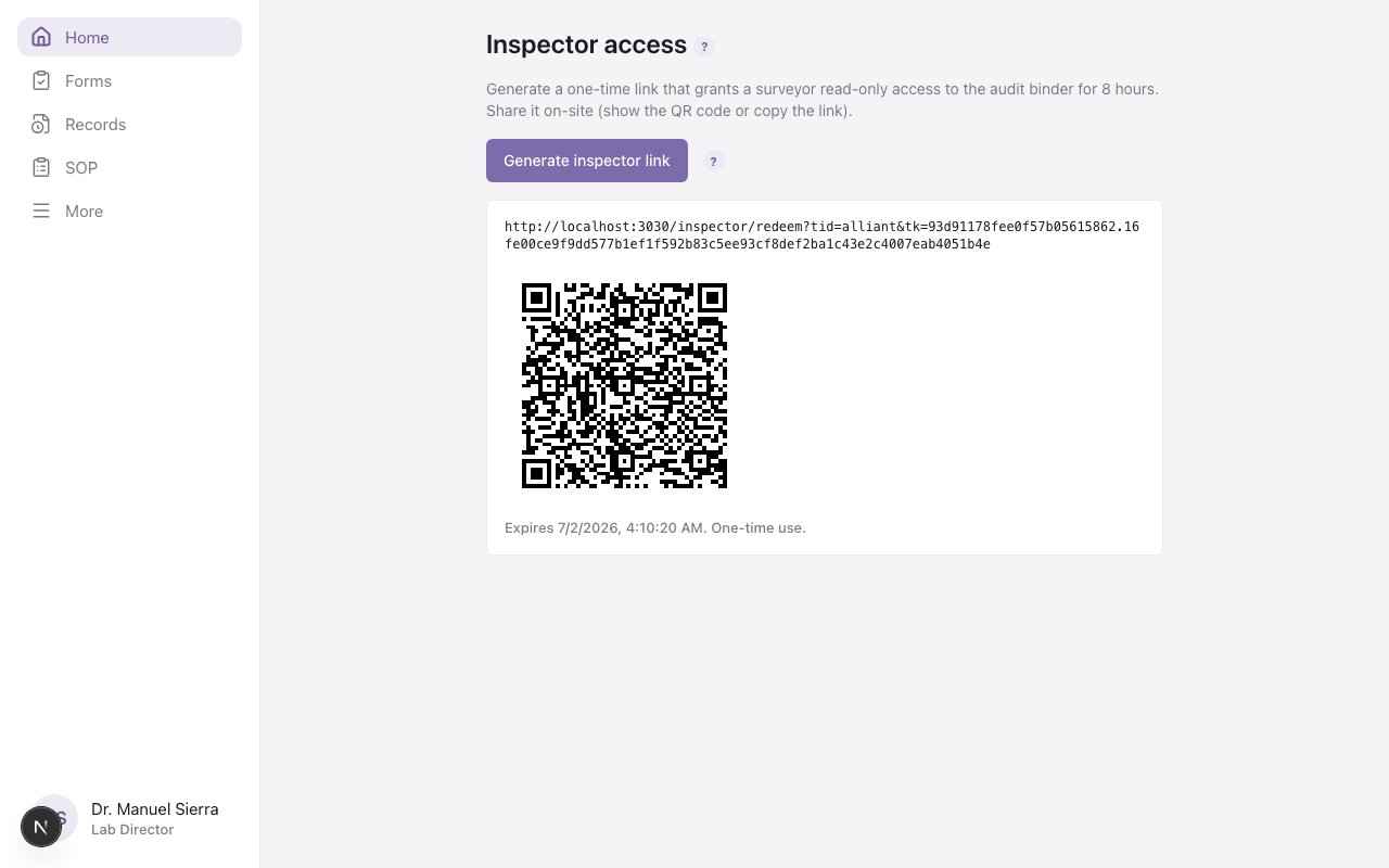 Inspector access card showing a one-time QR code and its eight-hour expiry