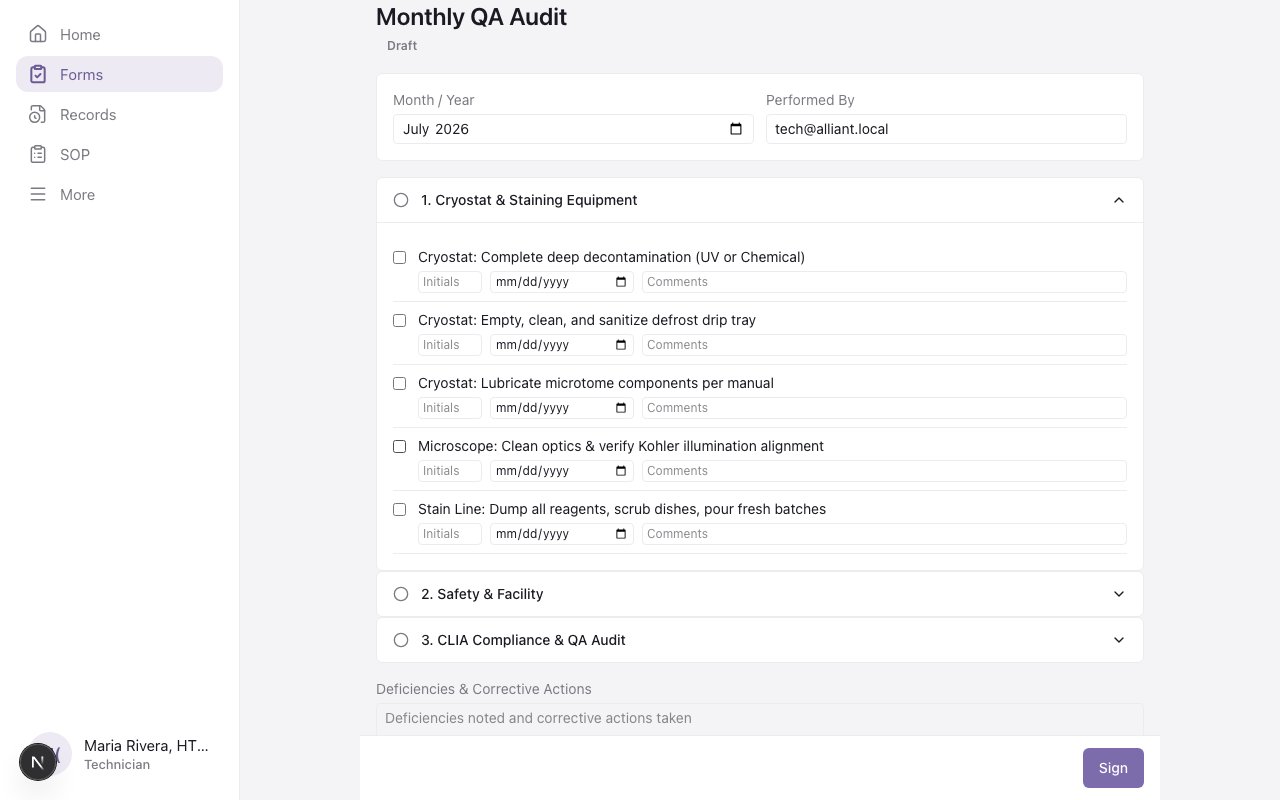 Monthly QA checklist with cryostat, safety, and CLIA compliance sections