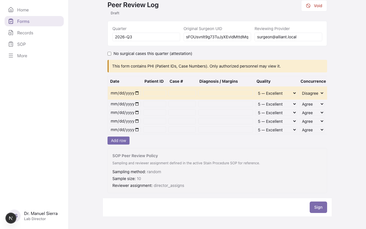Peer Review log with quality scores and diagnostic concurrence