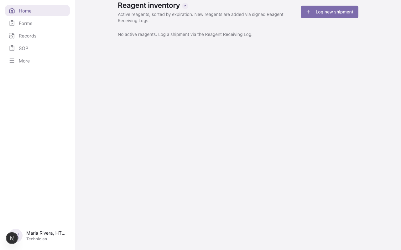 Reagent inventory list grouped by lot with expiration status