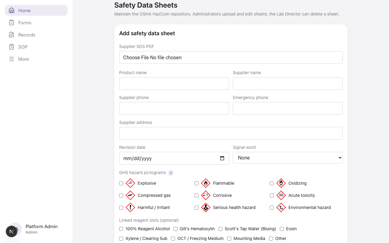 Safety data sheet with GHS hazard pictograms and emergency contact
