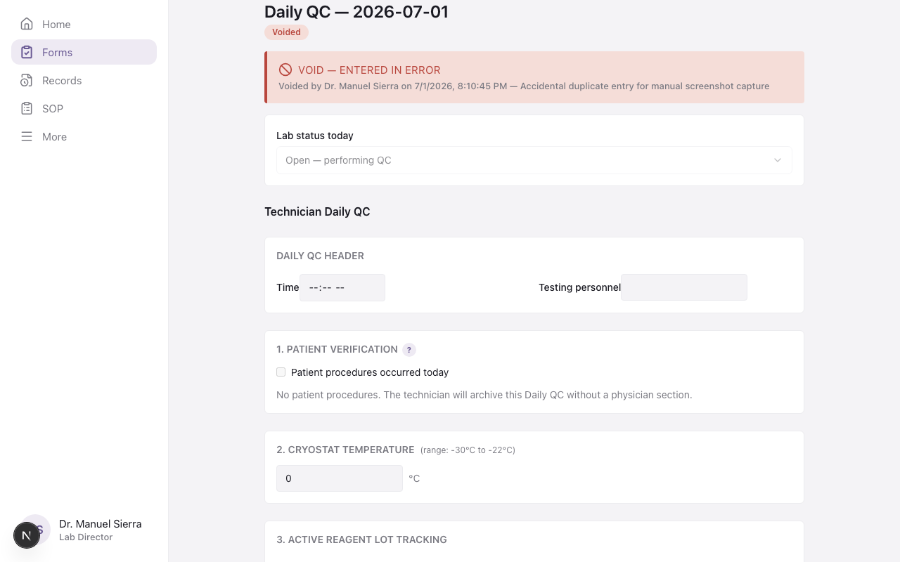 Daily QC form marked VOID, Entered in Error, with the voiding director's name, timestamp, and reason